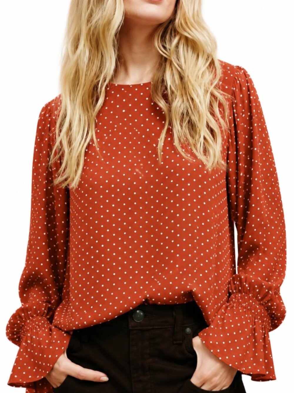 dRA NWT Los Angeles Rust Polka Dot Bell Sleeve Blouse Size M Retro Chic